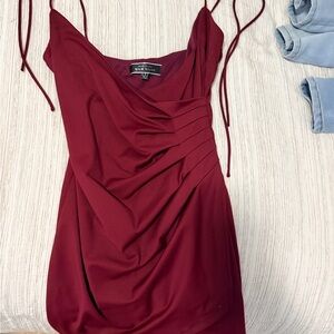 Blue Blush Wine Red Draped Mini Dress with Tie Straps